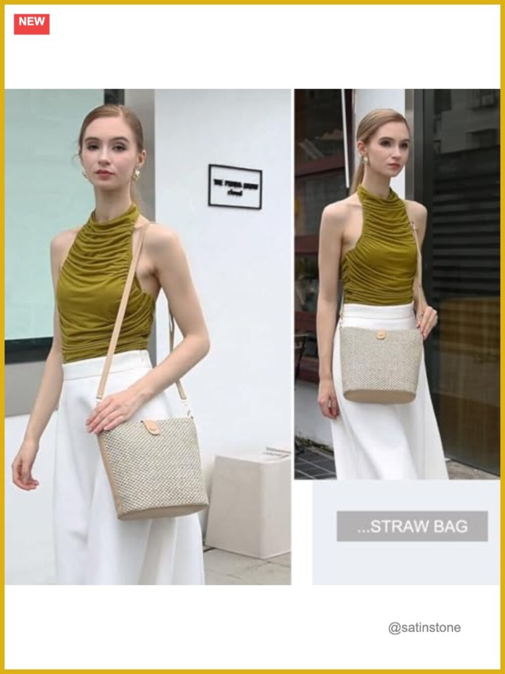 Woven Straw Crossbody Bag with Leather Strap Beach Summer Purse - Picture 2 of 7